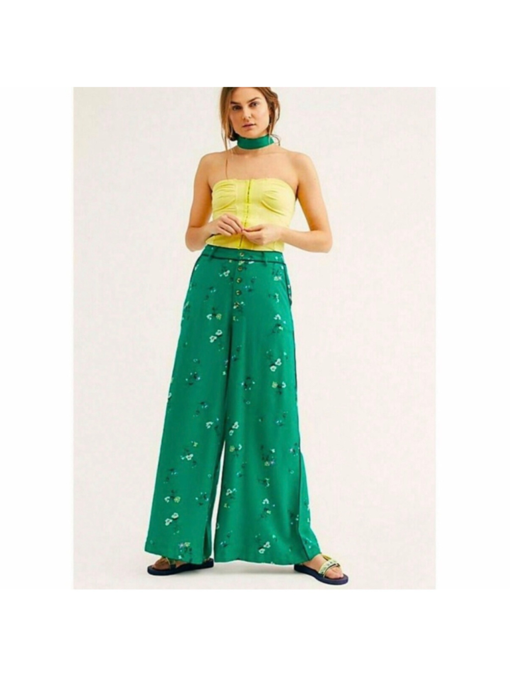 Women's Free People Bennie Wide Leg Belted Pants Size 6 Green Floral